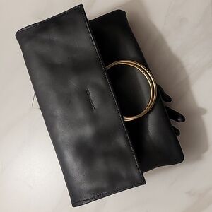 PARKER CLAY Nyla Leather Black Brass Foldover Handbag Purse Clutch Carryall OSFM